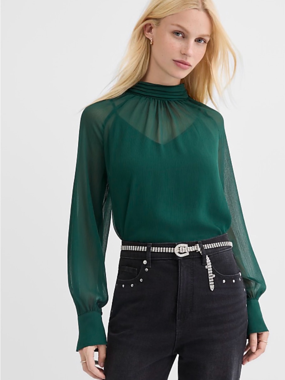 LOFT Sheer Mock-Neck Long-Sleeve Top in Deep Green